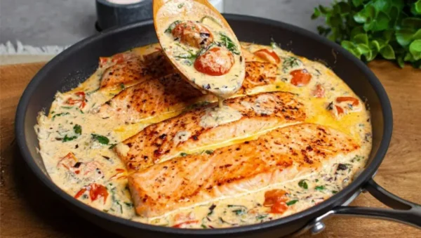 Voyage Culinaire en Toscane : Saumon Crémeux à l’Ail, Épinards et Tomates Séchées